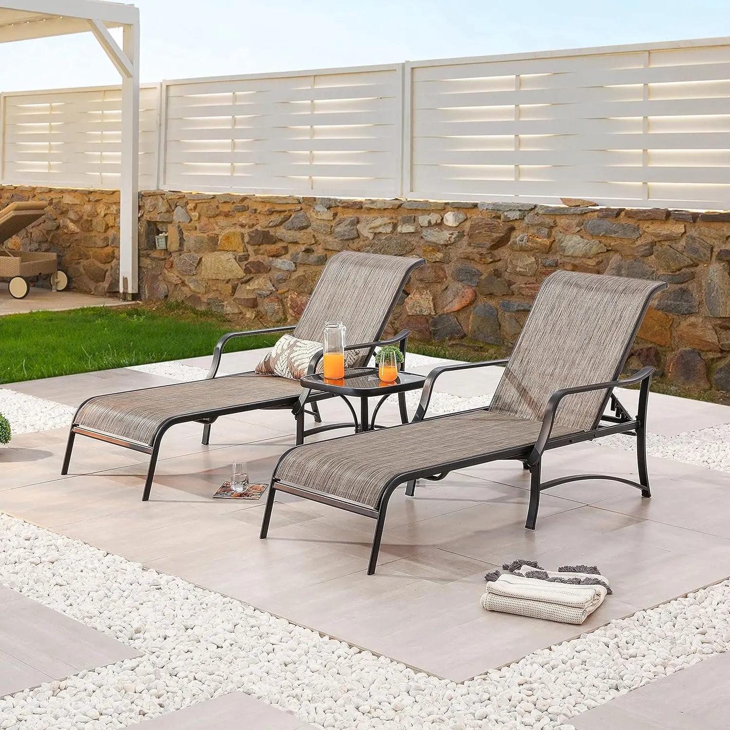 3 Pieces Patio Chaise Lounge Chairs Set Adjustable Back All Weather with Bistro Table(Grey) Easy To Clean and Scratch-resistant