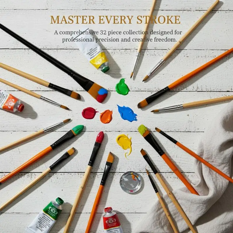 28/32Pcs Paint Brush Set For Acrylic Painting Premium Nylon Bristles With Round Filbert,Flat,Fan,Angle,Fine Detail Brush