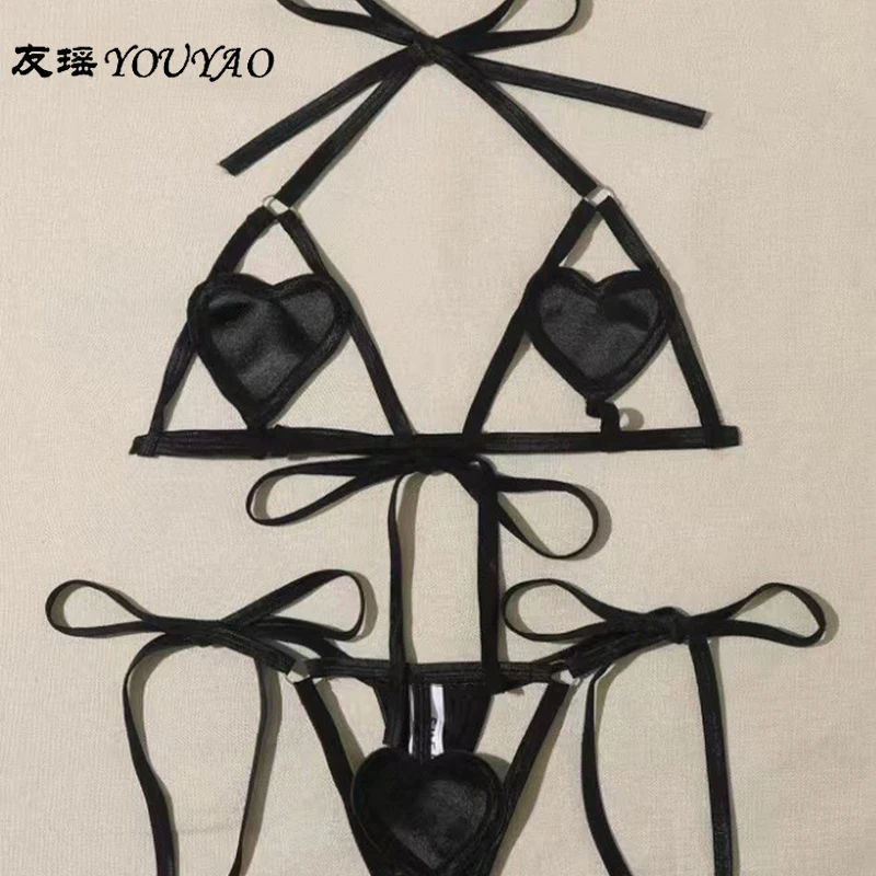 Sexy Heart Shape Lingerie Porno See-through Bikini Bra G-String Set Women Hollow Lace-up Underwear Sex Outfits Exotic Apparel