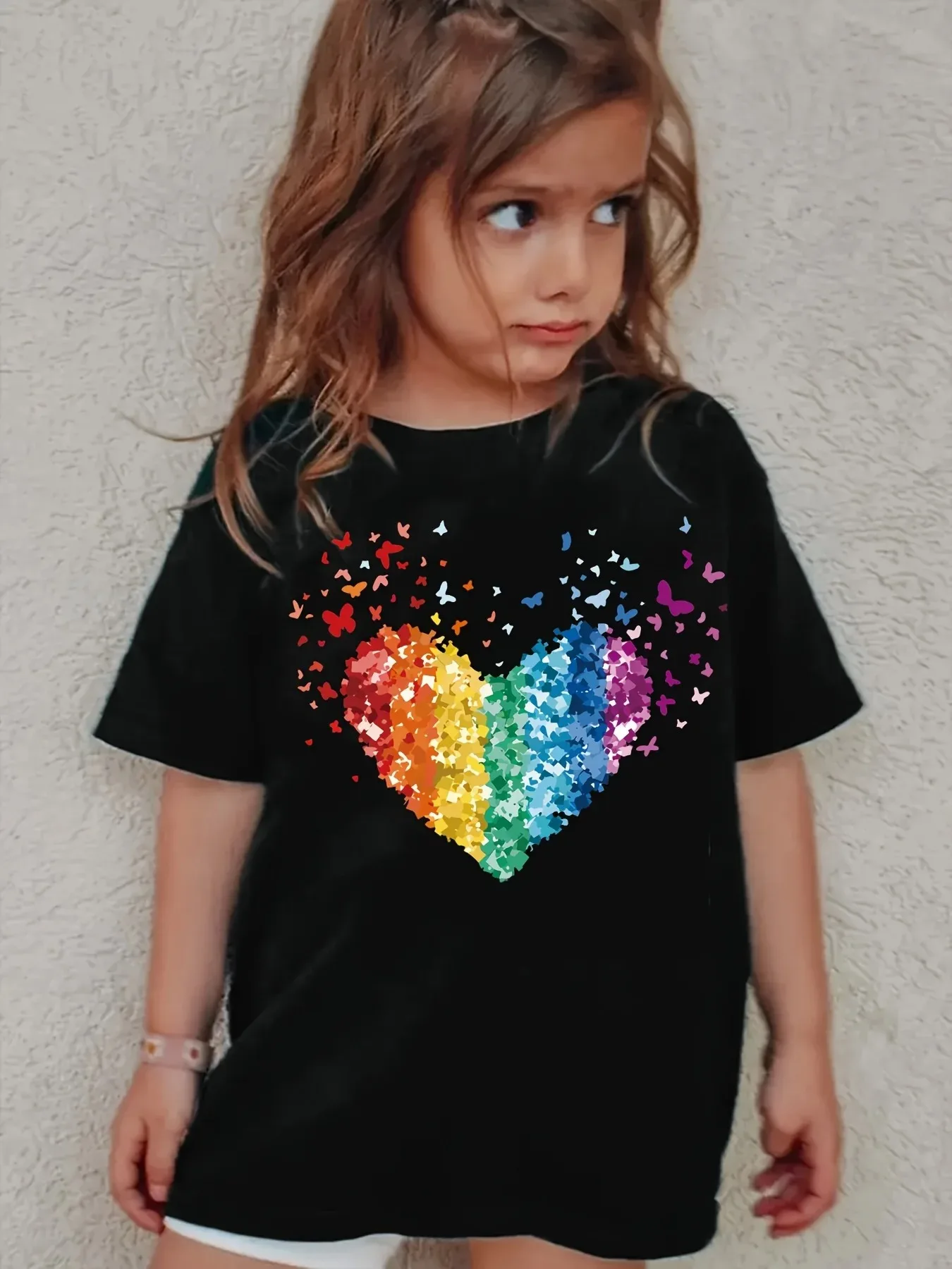 Mädchen Regenbogen-Herz Pailletten T-Shirt Kinder Sommer Baumwolle Kurzarm-Oberteil Kleinkind Mädchen Kleidung Schwarzes T-Shirt Niedlicher Schmetterlingsdruck – Detail 4