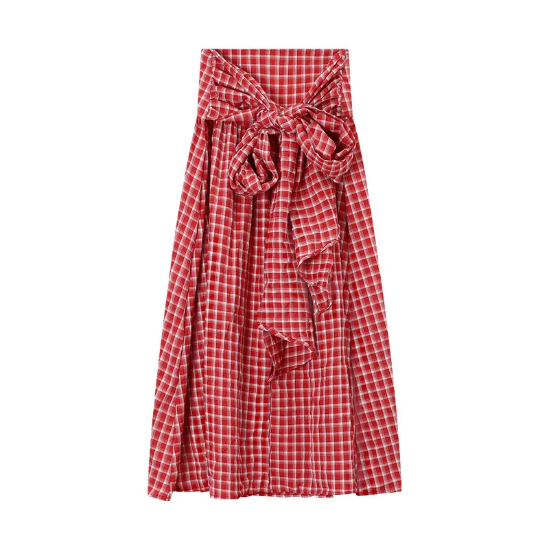 Retro Rot Plaid Print Röcke für Frauen Hohe Taille Bogen Strap Röcke Mode Sommer frauen Kleidung Weibliche Lange Röcke Streetwear