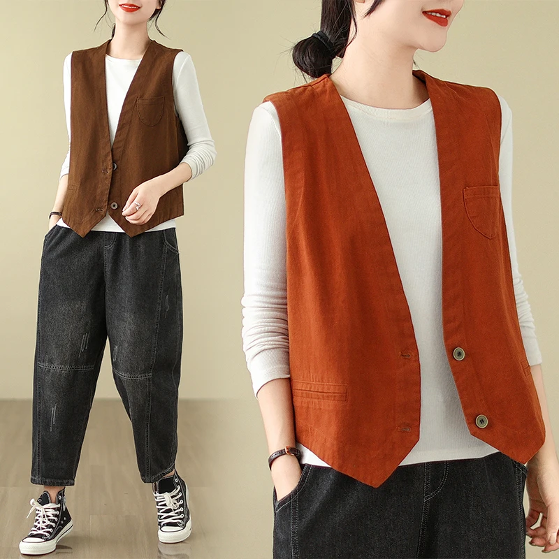

Retro Diagonal Cotton Casual ort Women's Vest Spring Autumn Svel Outerwear Small oulder Top Trendy V-ne Jaet