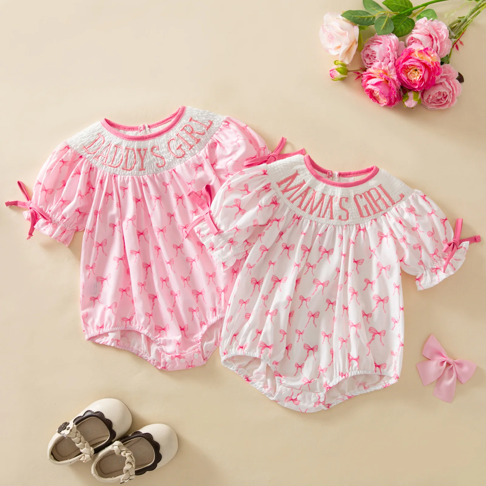 Summer Newborn Baby Girls Romper Sweet Short Sleeve Letter Embroidery Bow Print Princess Smocked Bodysuit Infant Playsuit 0-24M