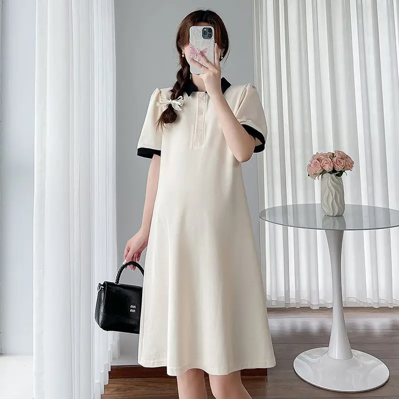 F73536# Pregnacy Dress T Trendy Fashion Mom Turn Down Collar Dress Women Summer Meternity Maternity Clothing Dress Pregnant