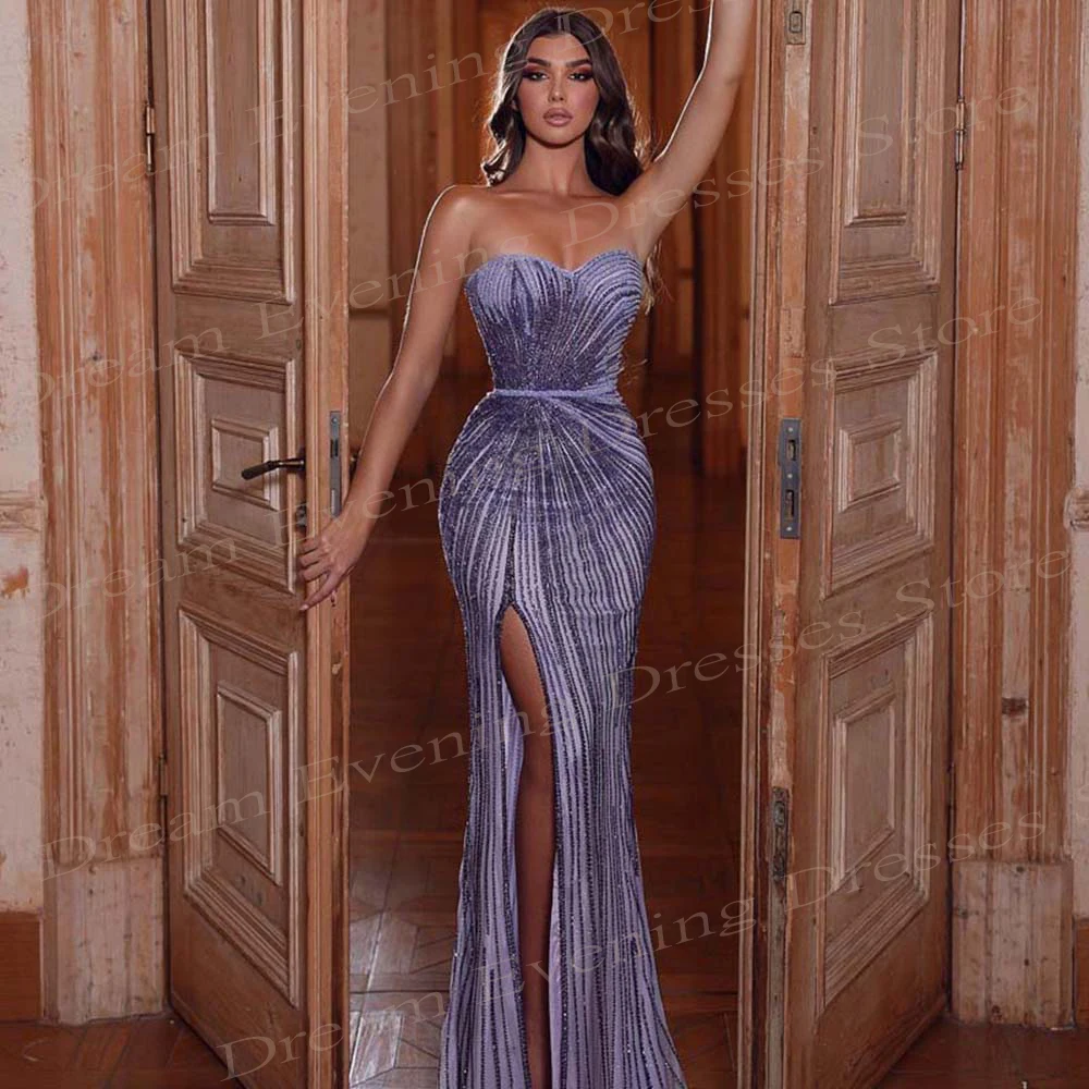 Modern Graceful Purple Women's Mermaid Charming Evening Dresses Classic Strapless Prom Gowns Sexy Side Split Vestidos De Noite