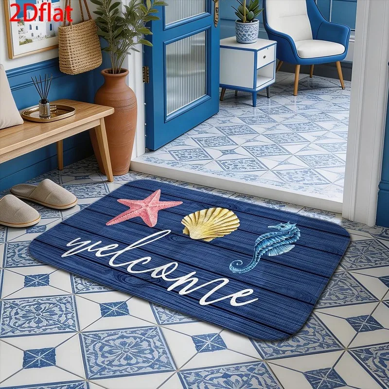 Navy Wood Plank Seahorse Shell Starfish Welcome Doormat Non Slip Floor Rug For Entryway Indoor Front Door Use