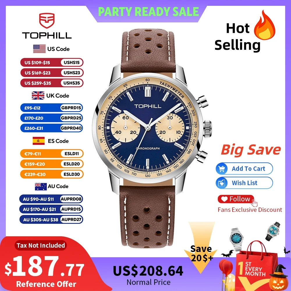Seiko Watch Prospex - TOPHILL นาฬิกาจับเวลาแบบวินเทจสำหรับผู้ชาย รุ่น ST1901 Seagull Movt.