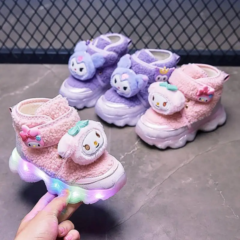 Sanrios Girl Luminous Shoes Boots Kuromi Anime Winter New Child Shoe Keep Warm High Soft Bottom Wear Outside Cotton Shoes