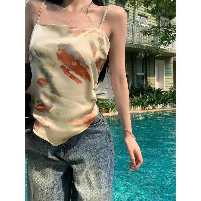 Hot Girl Triangle Scarf with Tie, Sexy Tie-dyed Camisole, Women's Beach French Short Top