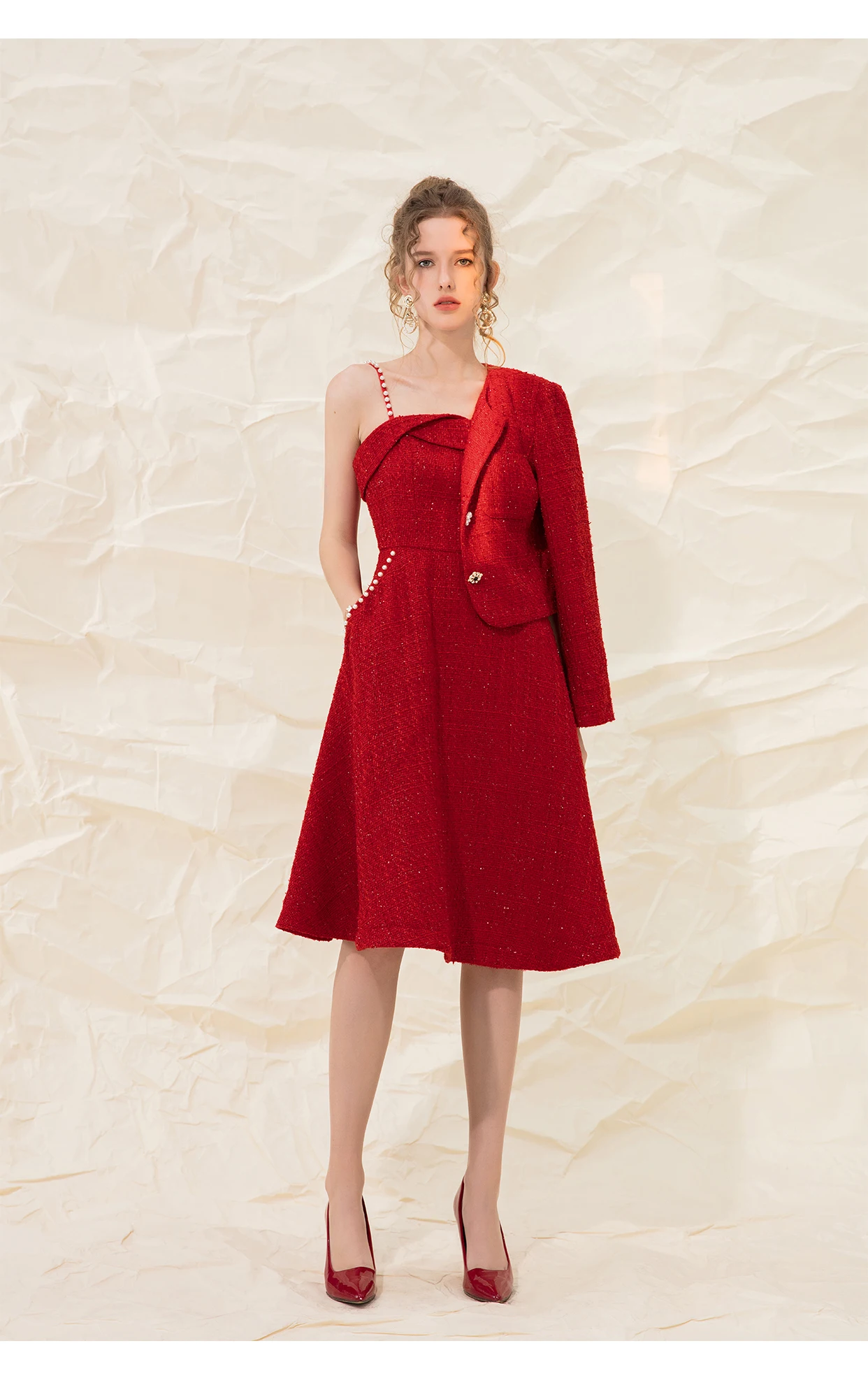 Vestido retro de tweed con perlas, traje rojo para mujer, vestido swing para invitados de boda