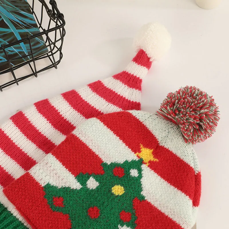 Christmas Mummy Baby Hat Bonnet Red White stripes Green Tree Knitted Hats with Pom Pom Xmas New Year Party Gifts Decorations image 3