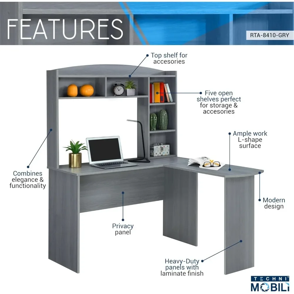 Modern Hutch L-Shaped Computer Desk, Grey