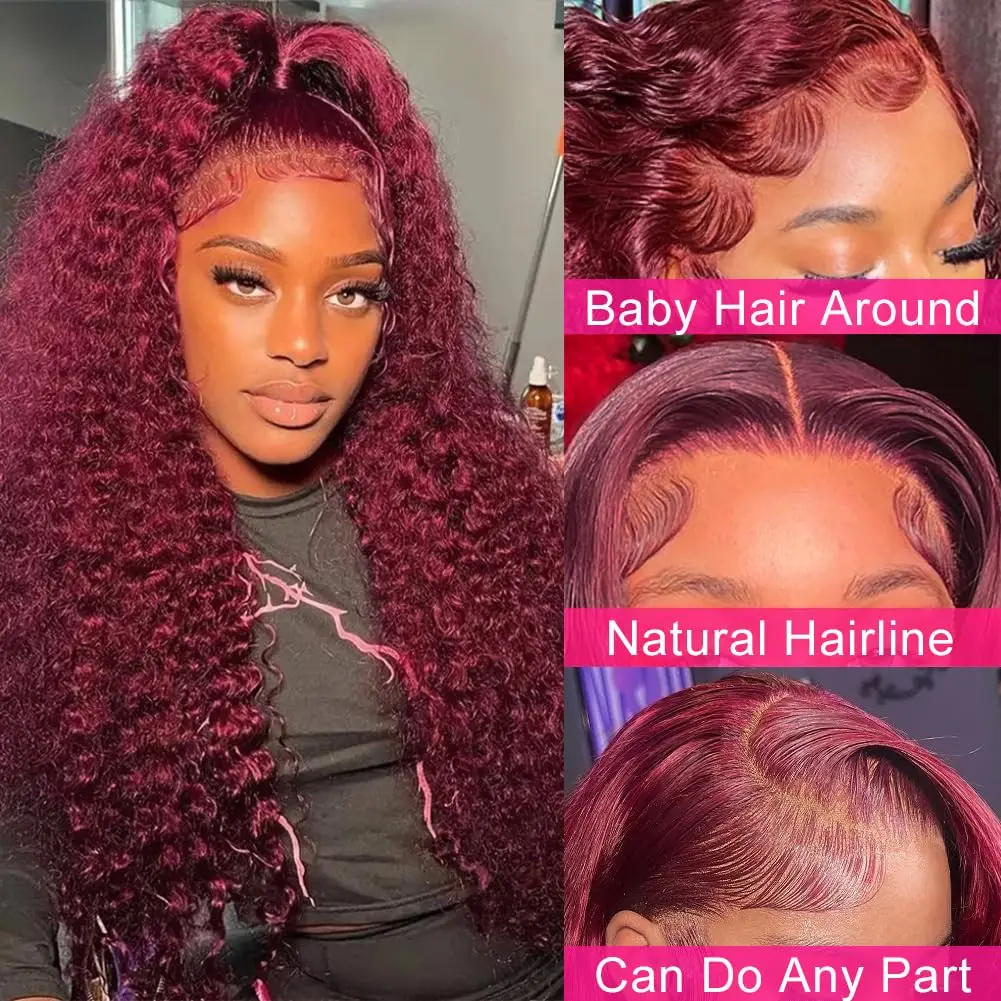 red wig 99J curly 100% human hair wigs burgundy 13x6 hd lace frontal human hair wig deep wave water wave colored wigs Lace wig