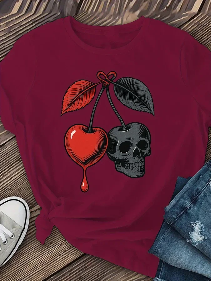 2000s Cherry and Skull Print Graphic Short Sleeve T Shirt Women's Causal Y2k T-shirt Clothes Graphic Vintage Tees Tops Clothing