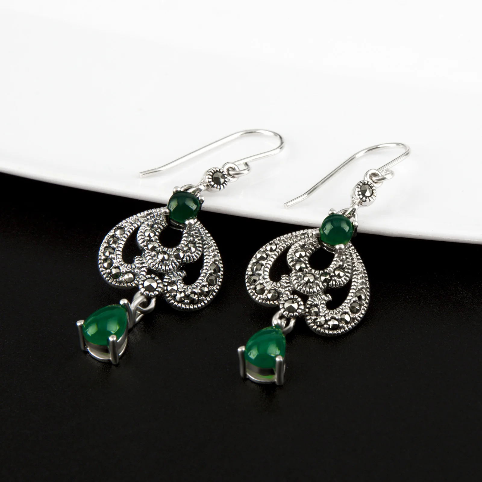 YYSuniee S925 Silver Earrings with Oriental Classical Retro Style Synthetic Green Agate Unique Personality Female Earrings