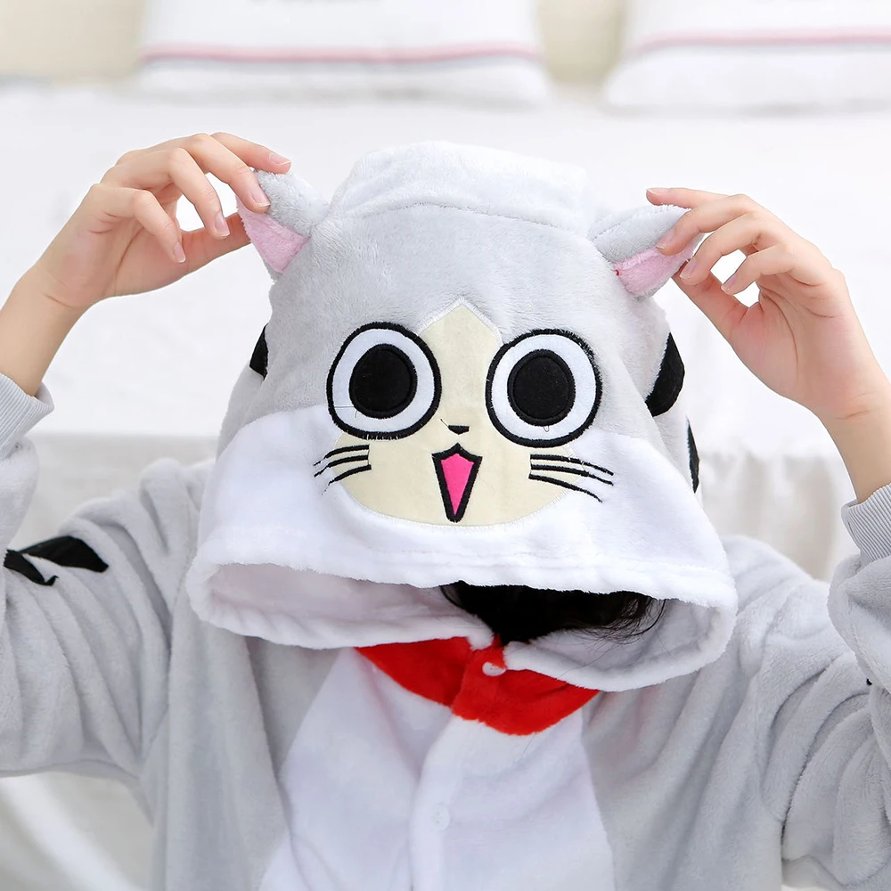 طقم بيجاما دافئ من Kigurumi للكبار ، بتصميم قطة رمادية على شكل حيوانات ، بيجاما تأثيري ، زي كرتوني ، الكريسماس ، حفلة هالوين ، بدلة ، نيسيس