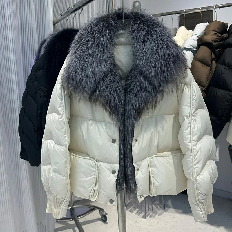 Top Quality Winter Warm Puffer Jacket Women Goose Down Feather Coats with Real Silver Fox Fur Collar