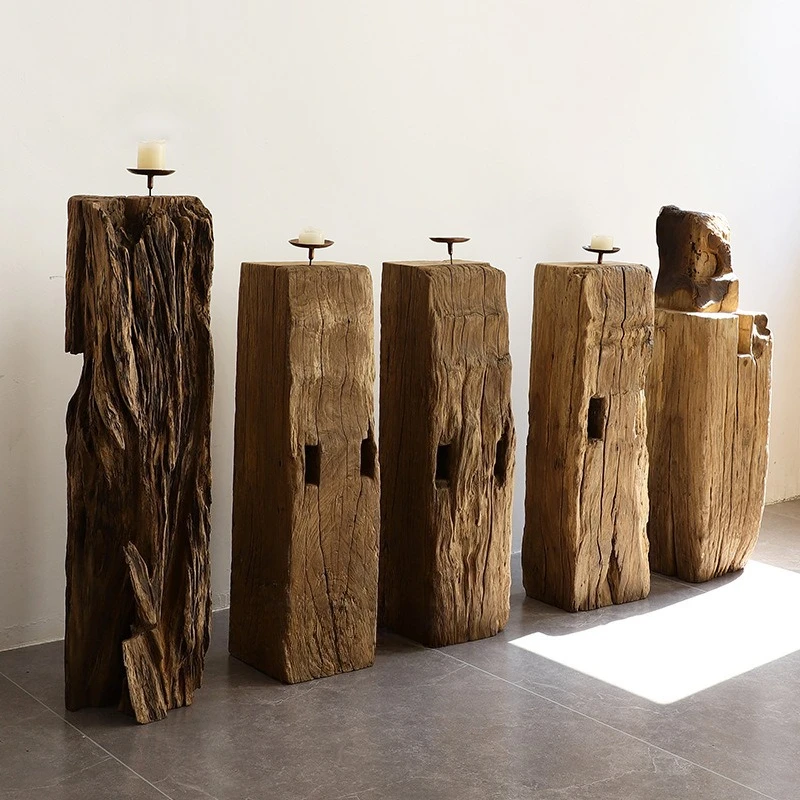 Solid wood floor-to-ceiling candle holder, household atmosphere decorative wooden pier, square weathered wood ornament