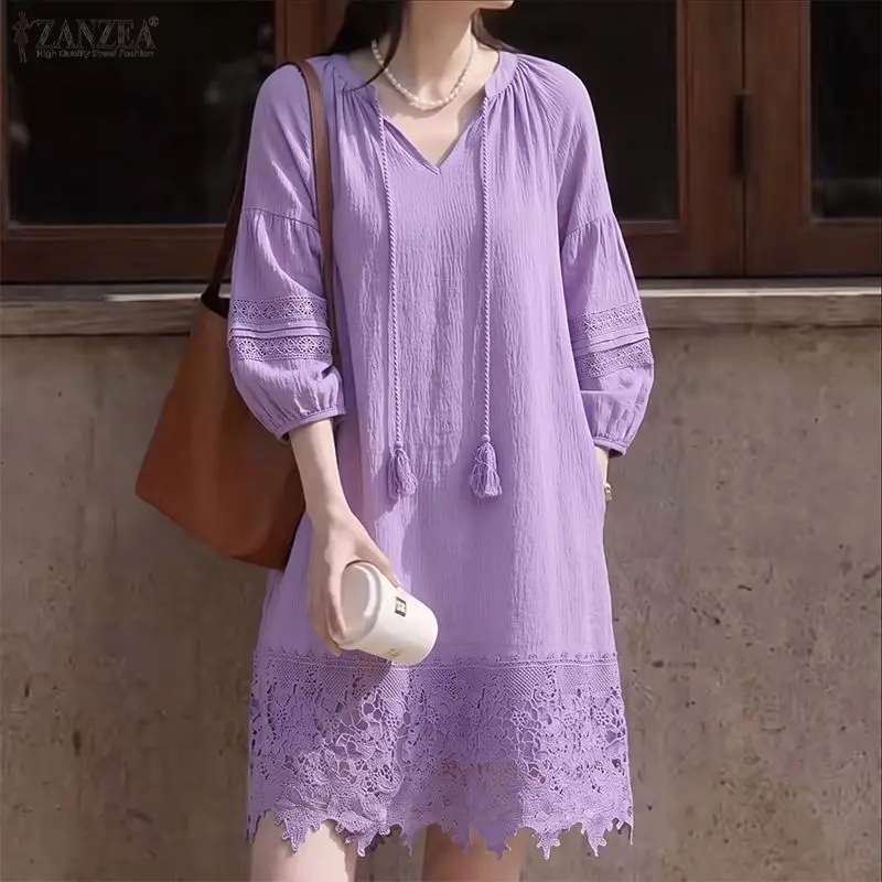 Fashion ZANZEA Women Dress Summer 3/4 Sleeve V Neck Lace Patchwork Lace-up Vestidos OL Work Party Sundress Streetwear Oversize