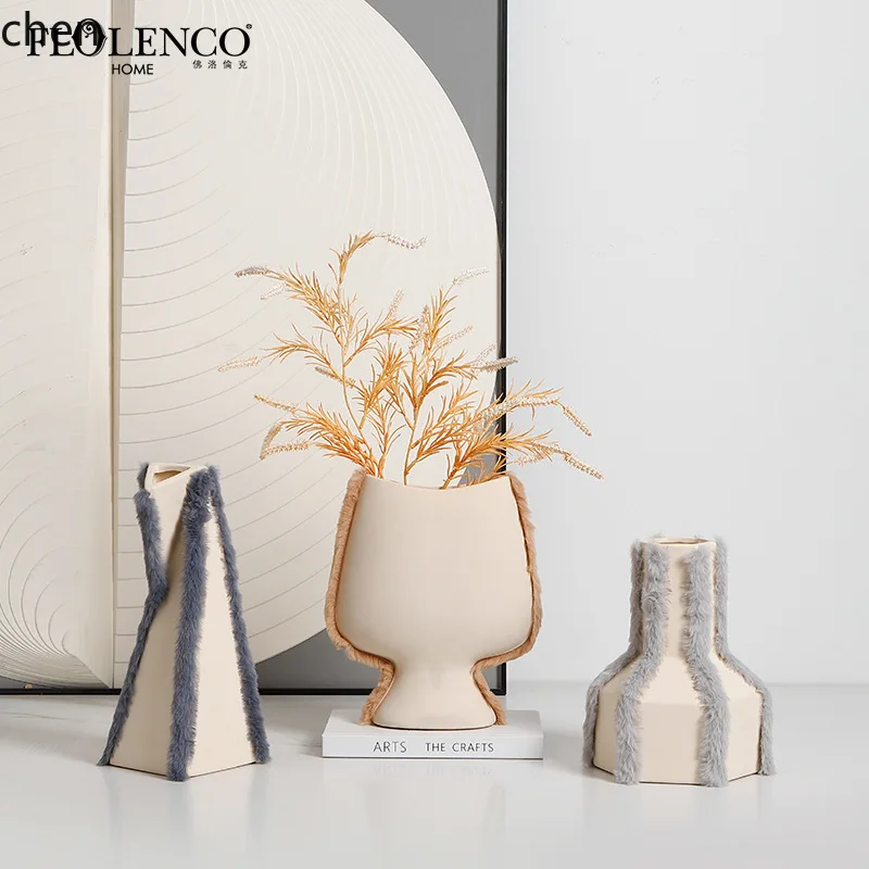 Zml minimalist geometric art flocked ceramic vase - showroom living room sideboard creative home niche decor