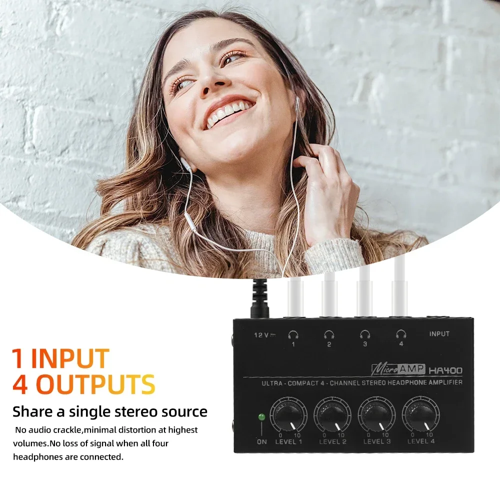 As melhores ofertas 4 canais mini amplificador de fone de ouvido estéreo ha400 amplificador de áudio ultra-compacto com adaptador de energia ue eua plug adaptador