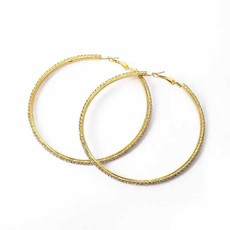 6-10cm Big Hoop Earrings For Women Girls Circle Crystal Rhinestone Earrings Black Gold Silver Color Round Earings Party Gift