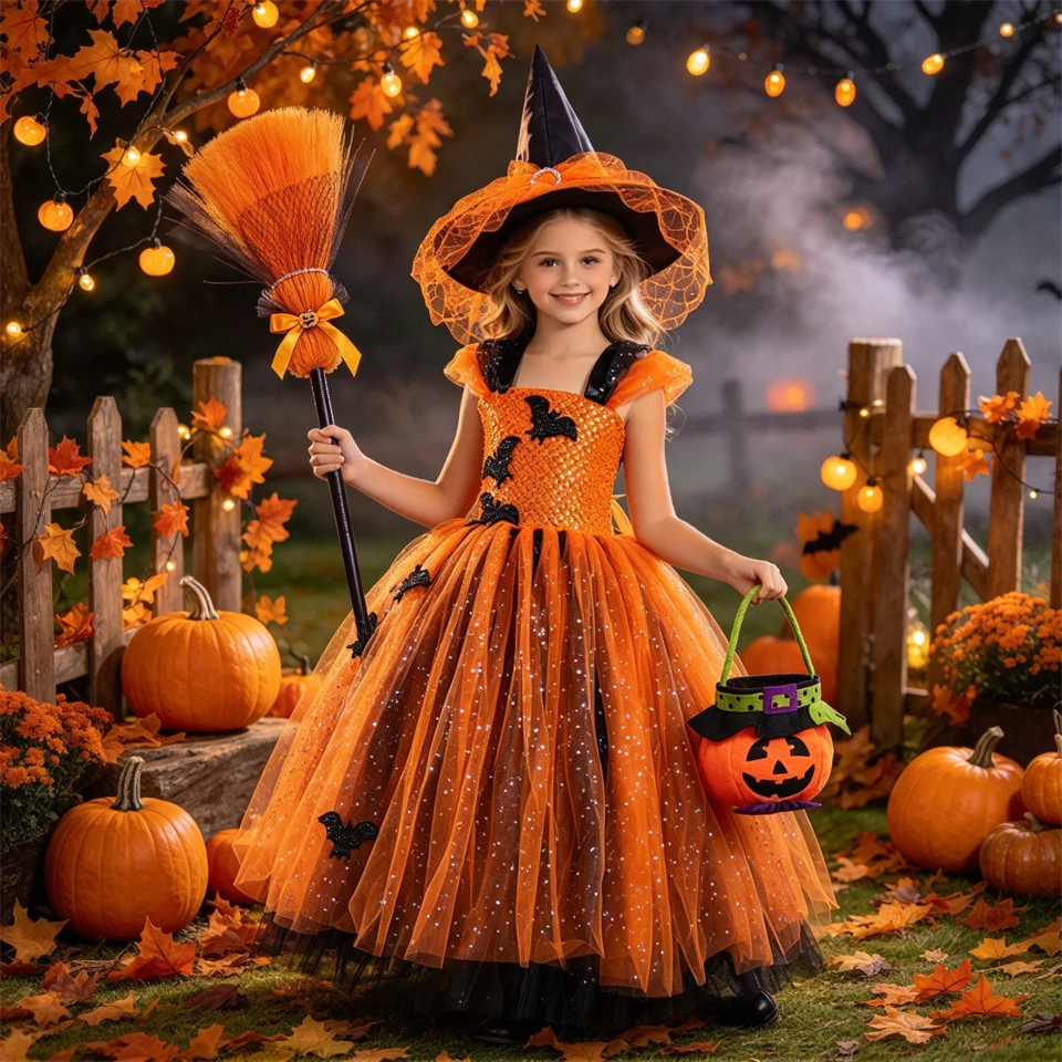 Girls Halloween Witch Costume Orange Sparkly Tulle Tutu Dress Carnival Themed Party Performance Masquerade Children's Costume