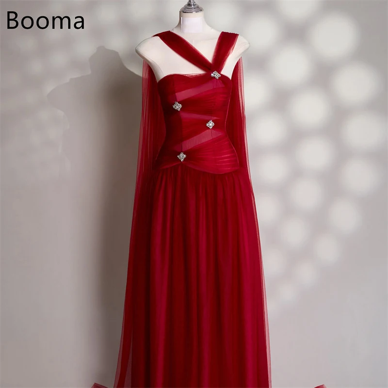 Booma A-Line eleganti abiti da ballo in tulle rosso senza spalline abiti formali lucidi per le donne abito da sera lungo senza maniche personalizzato 2025