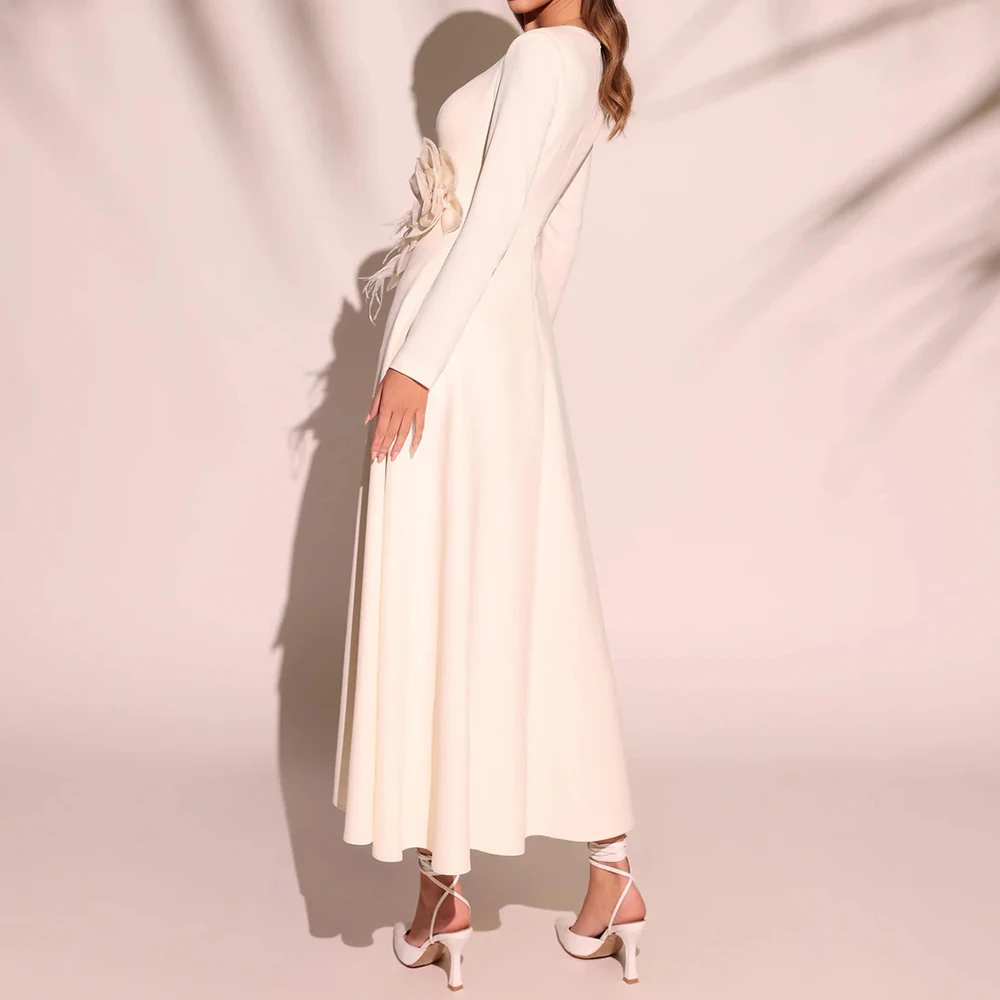 Robe de soirée trapèze personnalisée, longueur thé, col rond, manches longues, fleurs à la mode, drapée Simple, robe de soirée décontractée