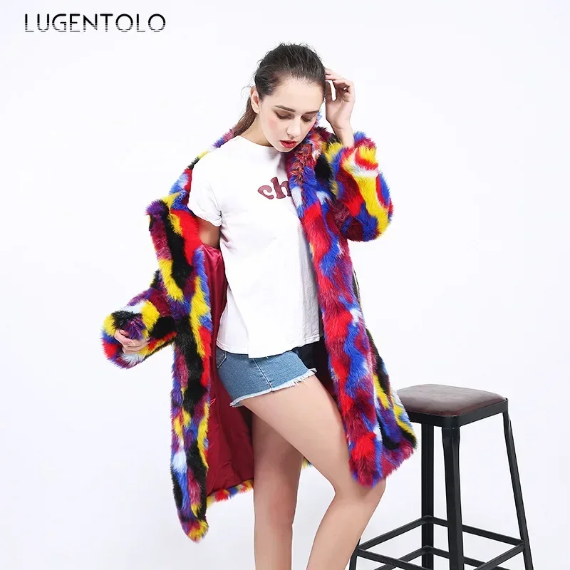 Faux Fur Warm Women Coat Autumn Winter Colorful Faux Fox Fur Long Jacket Lady Fashion High Quality Lapel Clothing Available 4XL