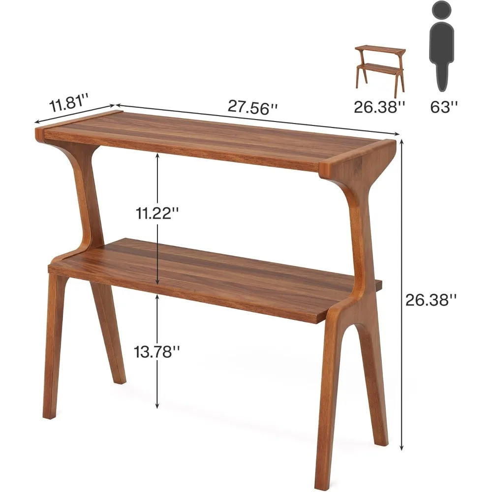 Narrow end table in living room, 2-layer ultra-thin sofa side table with solid wood legs, bedside table with storage rack image 2