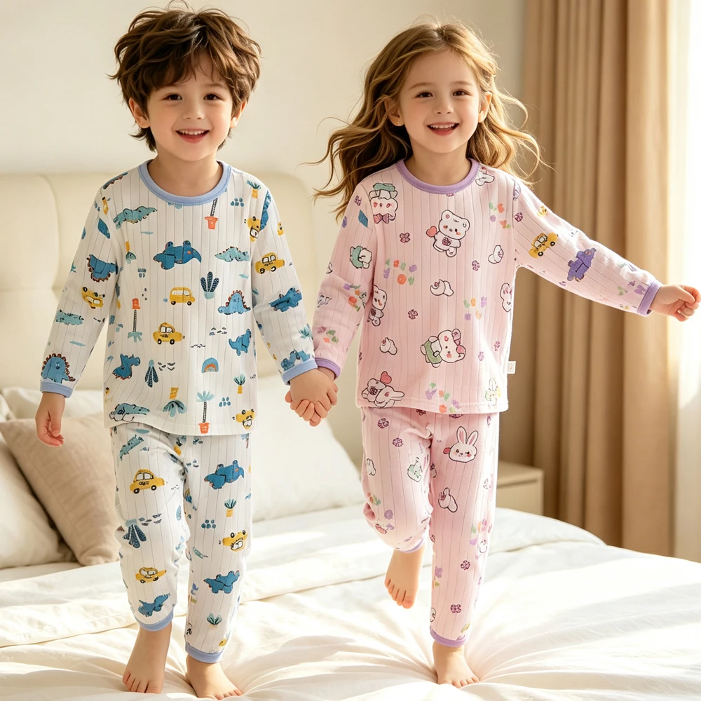 100% Cotton Baby Pajamas Sets 6 9 12 18 Months Two Pieces Long Sleeve Clothes Pants Boys Pyjamas Blue Dinosaur Pink Cat Girl Pjs