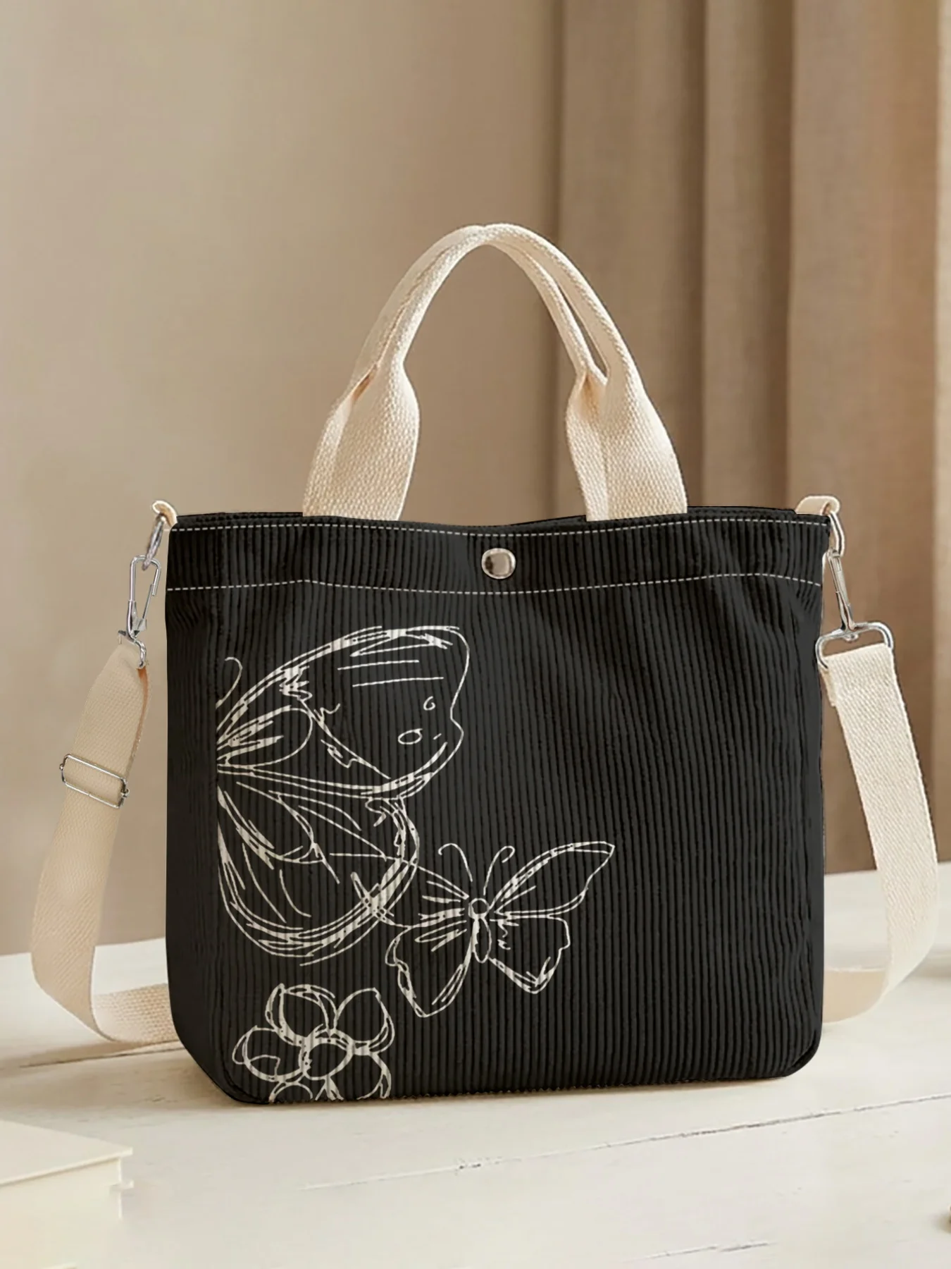 Sketch Butterfly Print Corduroy Crossbody Tote Bag, Large Capacity Shoulder Bag for Work School Daily Use