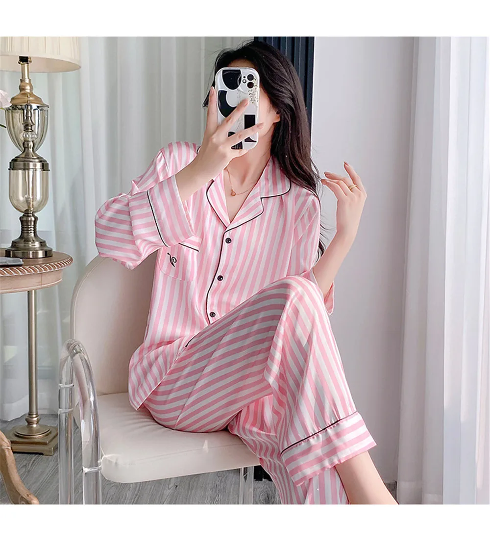 Pink Striped Printed Satin 2Pcs Sleep Set Pajamas Women Sleepwear Lapel Shirt Pants Pijamas Suit Spring Nightwear