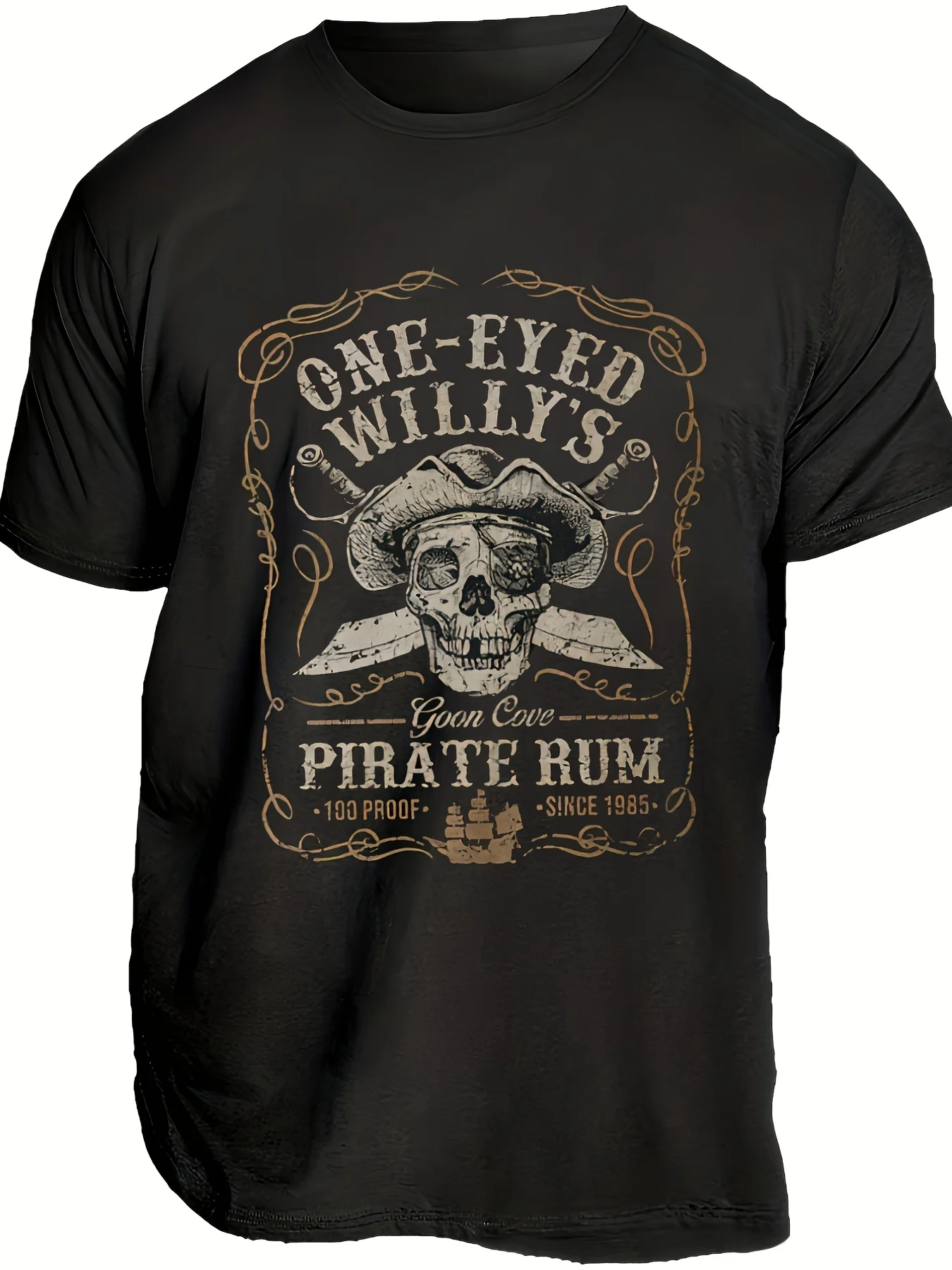 Men's Vintage Pirate T-Shirt with One-Eyed Willie Skull Rum Print, Distressed Retro Round-Neck Short-Sleeve T-Shirt, Suitable for Costume-Themed Parties, Daily Casual Wear for Rum Enthusiasts, Machine Washable Pure Fabric, Breathable, Sweat-Absorbent,