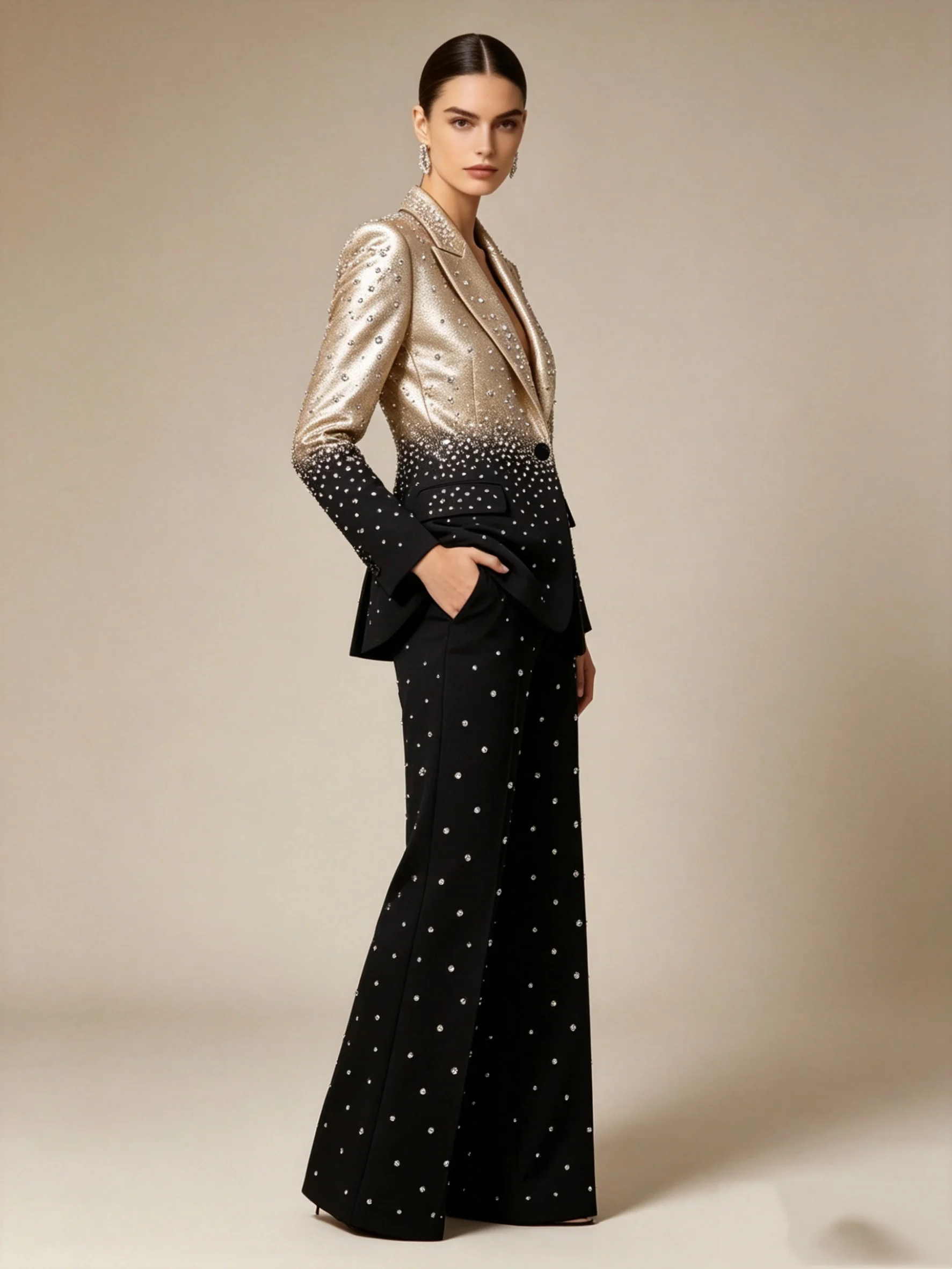 Gradient Color Women Suit Set 2 Pcs Blazer+Pants /Skirt Crystals Spring Formal Office Lady Jacket Customized Wedding Guest Coat
