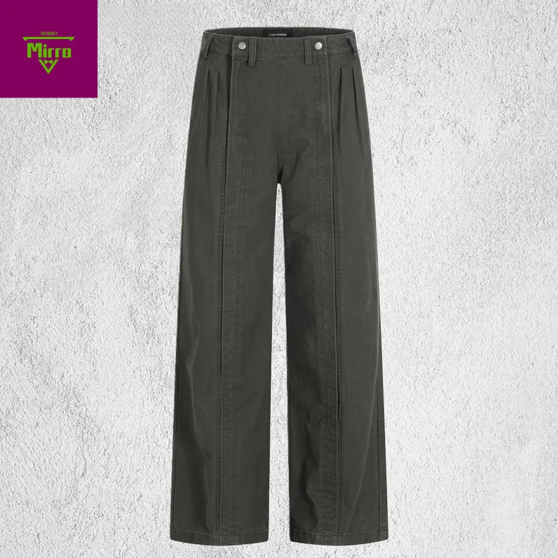 

【Mirrordust】Pleated Spliced Casual Pants Mens Retro Solid Color High Street Baggy Straight Wide Leg Trousers Man