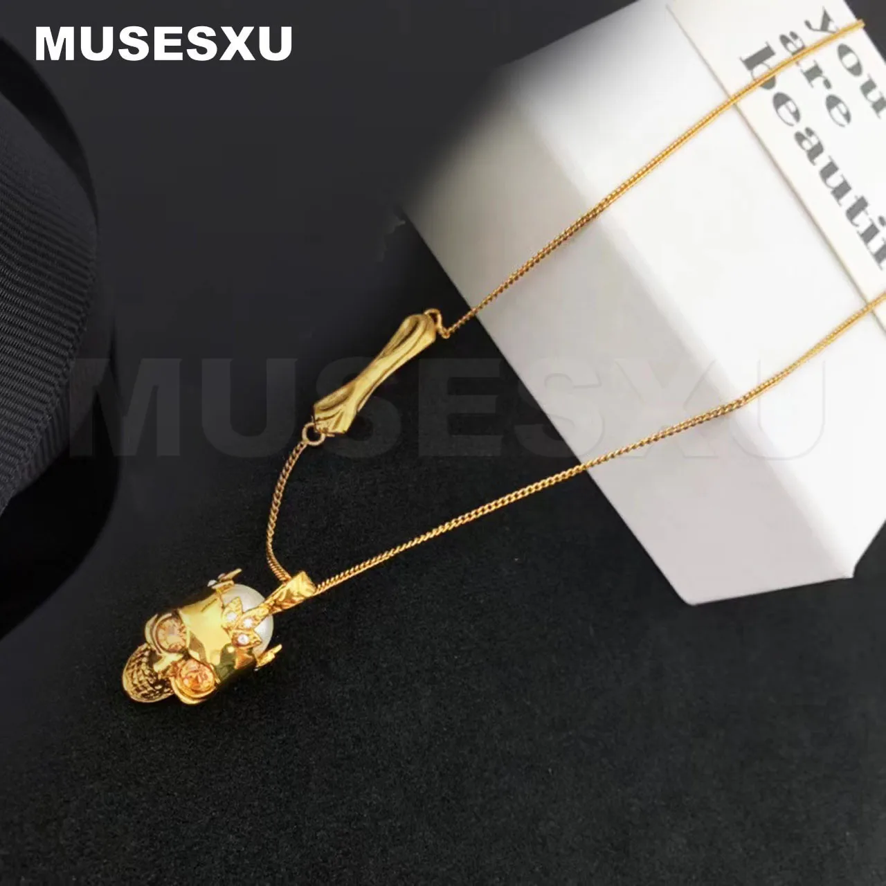 

Jewelry & Accessories Luxury Retro Brand Golden Skull Inlaid With Pearl Layer Necklace For Women's & man's Party Gifts