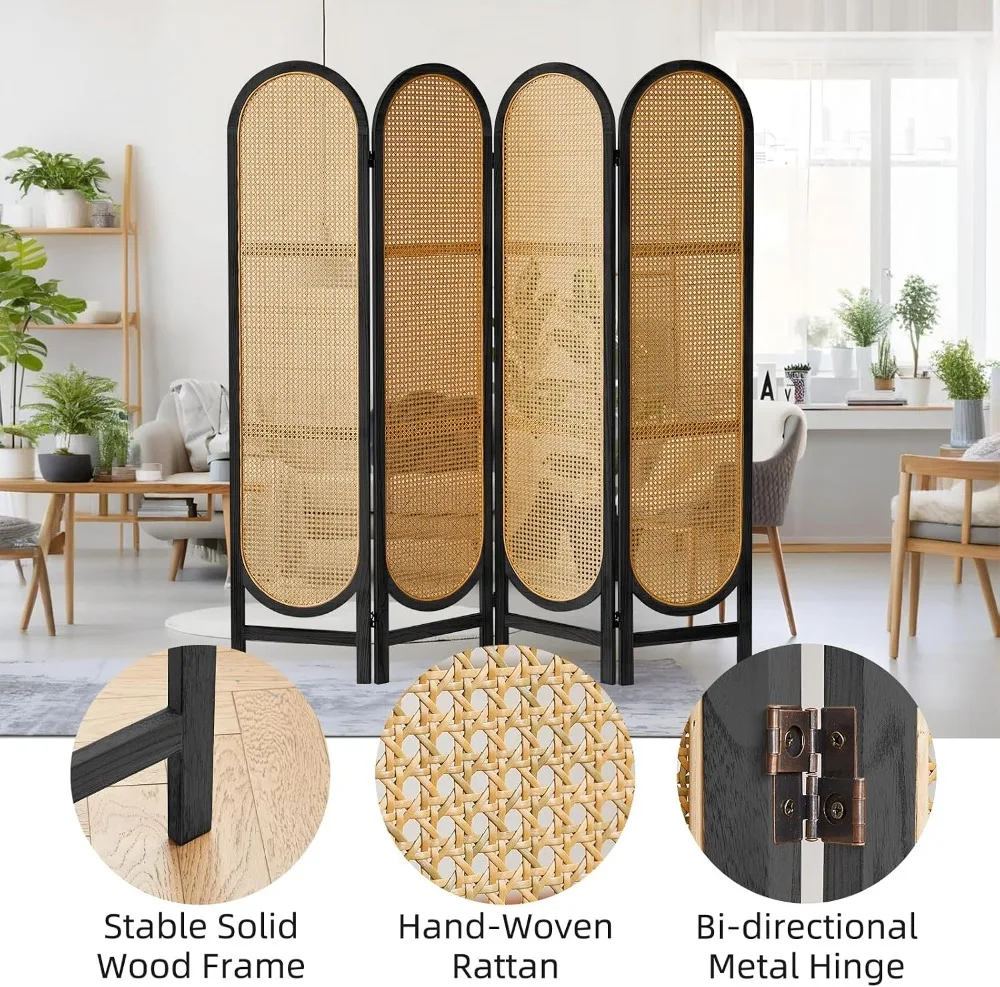 4 Panel Rattan Room Divider, Folding Privacy Screen, Black, 71