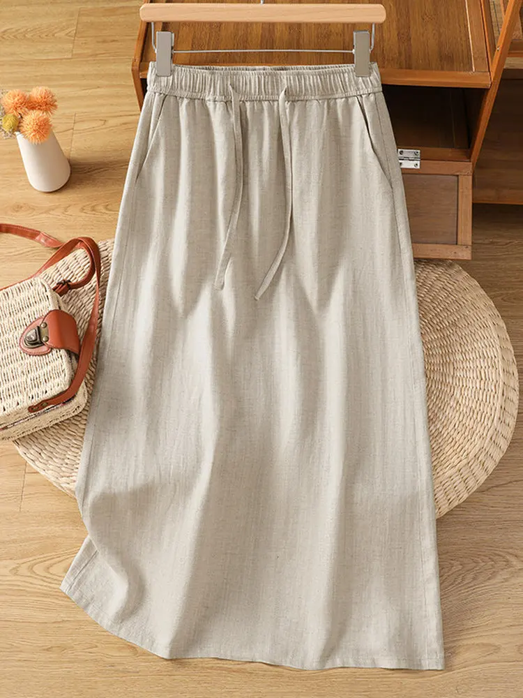 

High Waist Cotton Linen Midi Skirt Women's Summer New Style Small Size Mid-Length Slit Straight Leg Skirt Casual Breathable