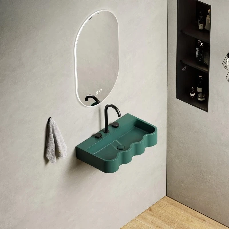Latest design custom color green pleated wall-mounted wavy bathroom artificial stone washbasin bathroom sink