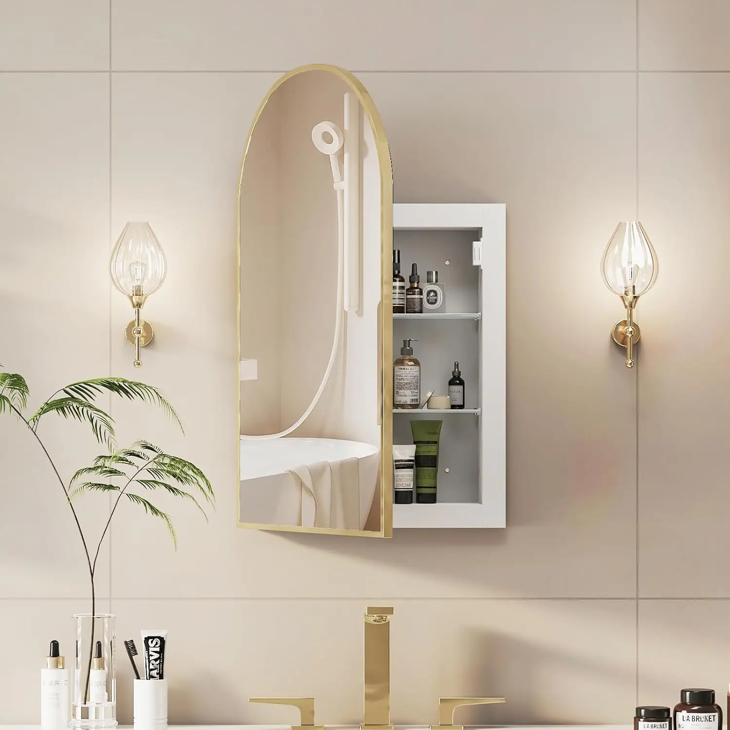 Arched Recessed Medicine Cabinet, Brushed Gold Frame, 3 Adjustable Shelves, Copper-Free Mirror, Wall & Recessed Mount,Customized