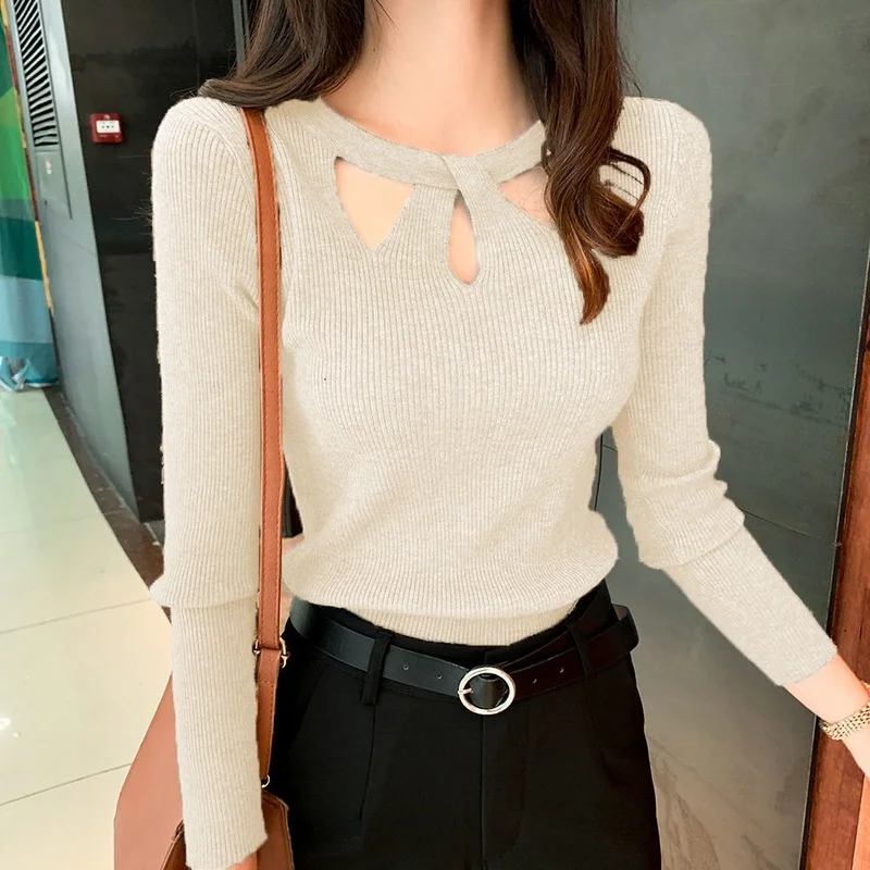 Slim Bottoming Shirt Jumper 2026 Women's O-neck Stretch Sexy Pullover Lady Spring Autumn Hollow Solid Color Sweater Sueter