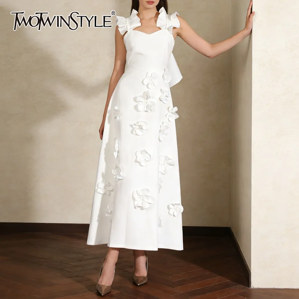

TWOTWINSTYLE White Spliced Flowers Dress Female Square Collar Sleeveless Loose Elegant Luxury Women's Dresses Summer Fashion New
