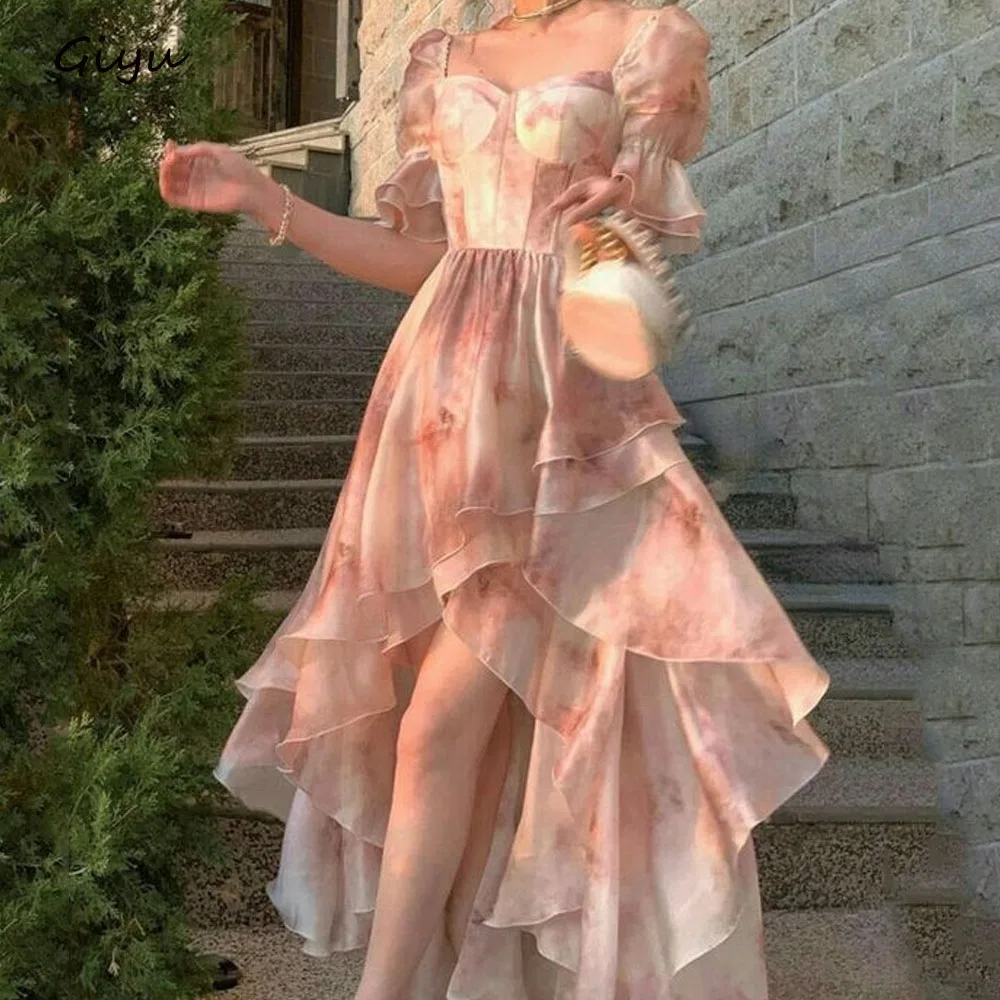 

Giyu Fairy Floral Summer Dress Hi-Lo Sweetheart Collar Short Sleeves Floor-Length Birthday Party Dress Evening Gown Dress