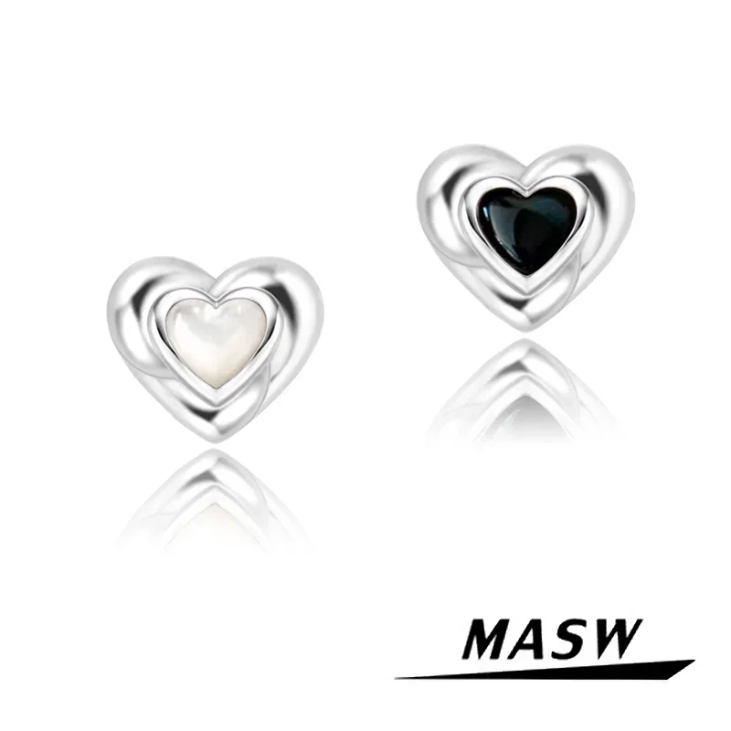 

MASW Original Design Metallic Black White Silver Plated Heart Stud Earrings For Girl Women Gift Trend Jewelry Simply Style