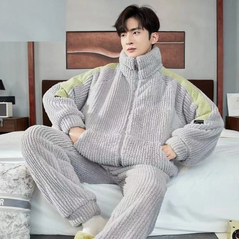 

New Men's Coral Fleece Pajamas Thickened Fleece Large-sized Warm Flannel Home Wear Set Middle-aged Young People in Autumn Winter