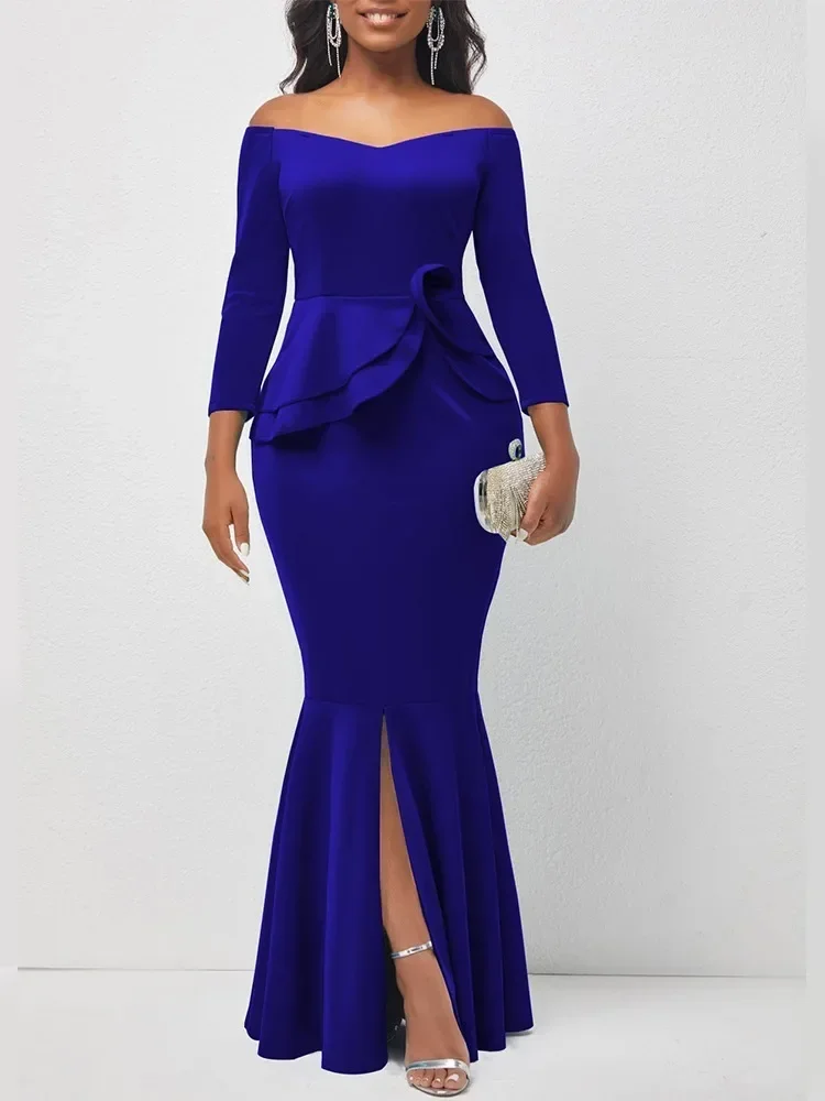 

2025 Summer Dresses for Women Solid Off Shoulder Ruffled Split Evening Dress Casual Elegant Maxi Robe Female