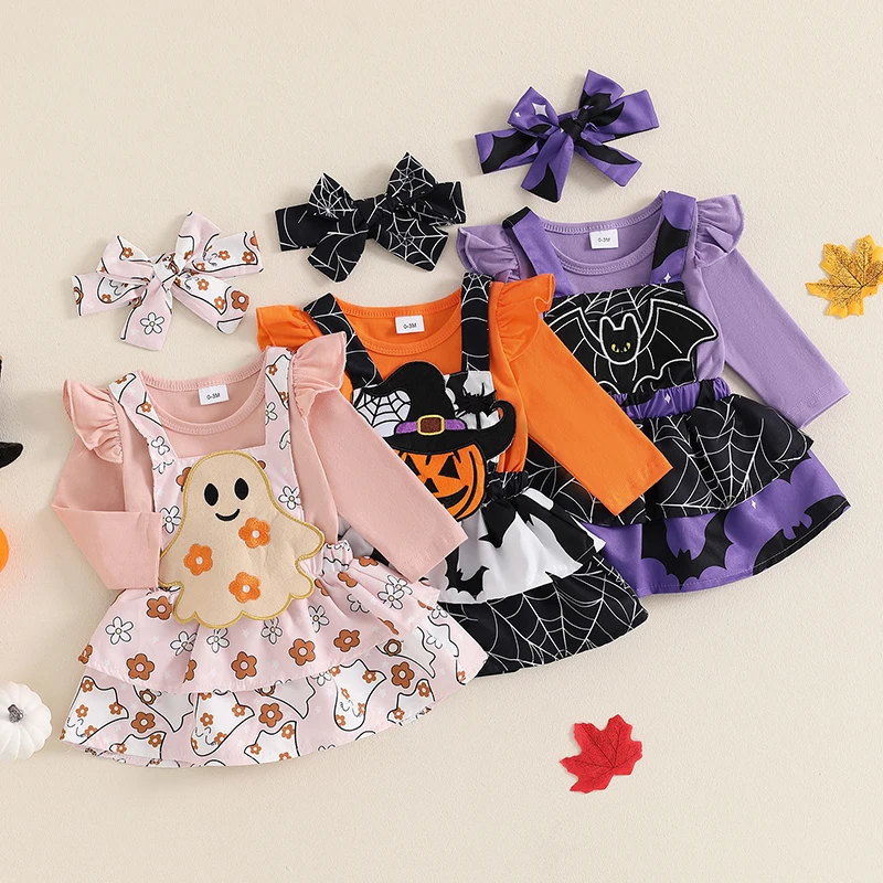 Baby Girls Flying Sleeve Rompers Pumpkin/Ghost Embroidery Suspender Skirts Headband Outfits Newborn Halloween Clothes Sets