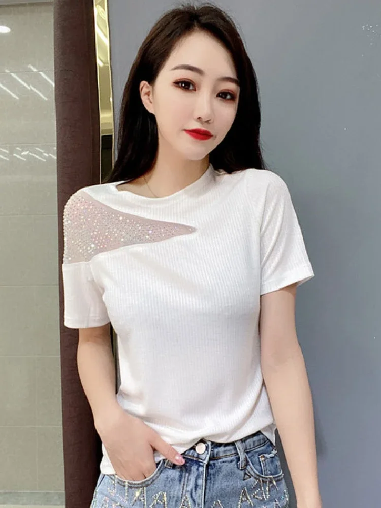 

Women's T-shirt Rhinestone Summer Outfit Glitter Sequin Top Female Baggy Short Sleeve Plain Y2k Clothes Korean Popular Elegant